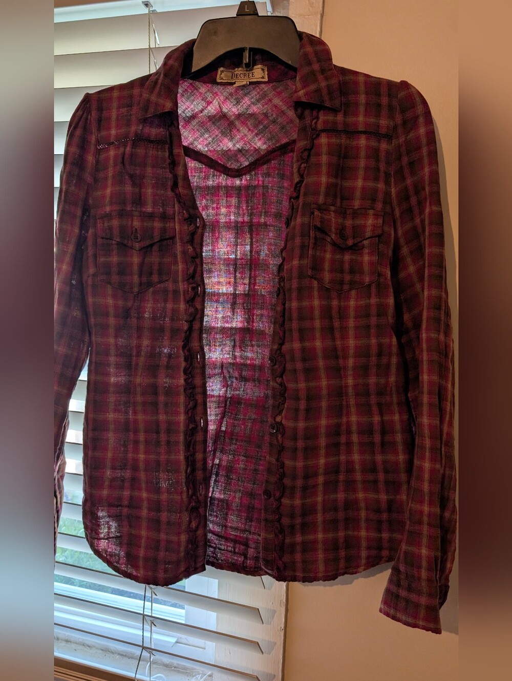 Decree Pink Brown Plaid Ruffle Y2k Button Up